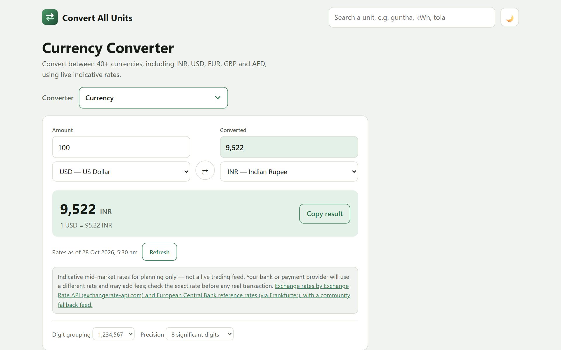 Convert All Units currency converter turning 100 US dollars into 9,522 Indian rupees.